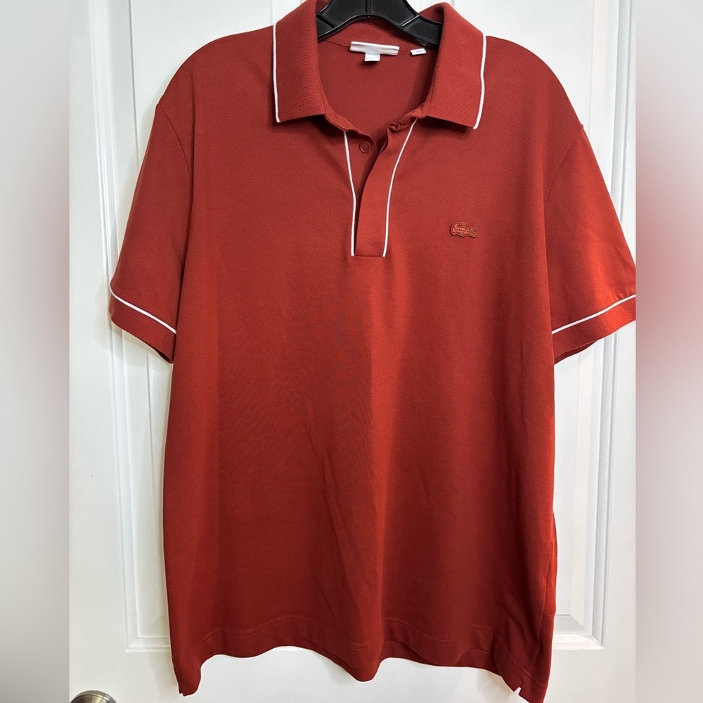 EUC Lacoste Men's Brick Orange Polo Shirt with white piping size XL